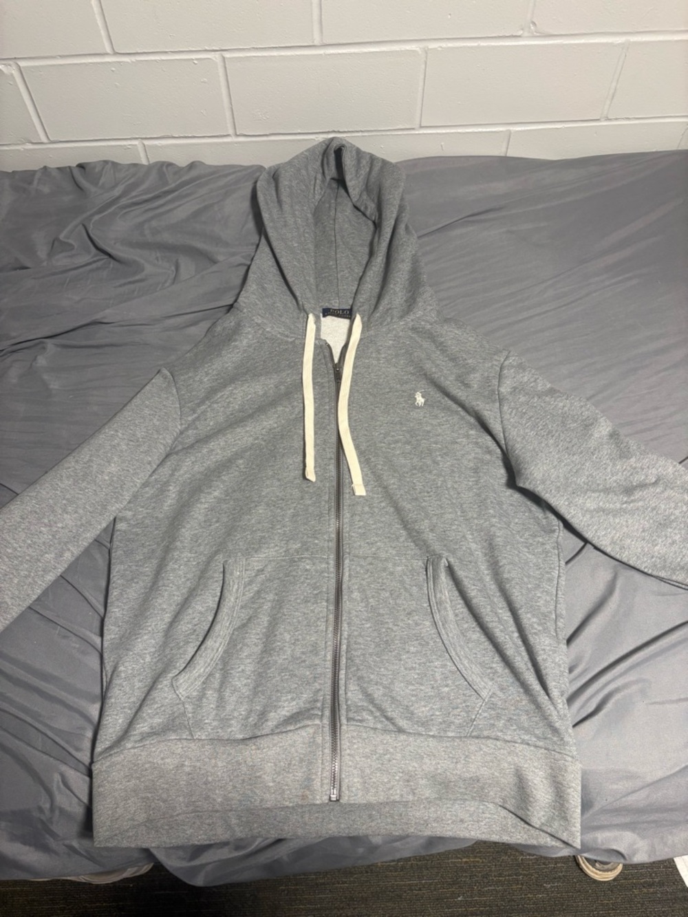 Ralph Lauren Gray Heather Full-Zip Hoodie with Cream Drawstrings